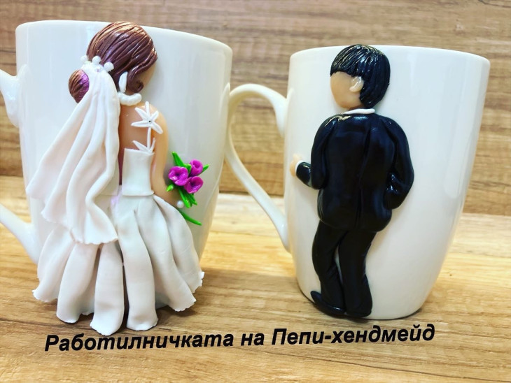 Комплект чаши с декорация от полимерна глина за младоженци - Handmasters.bg