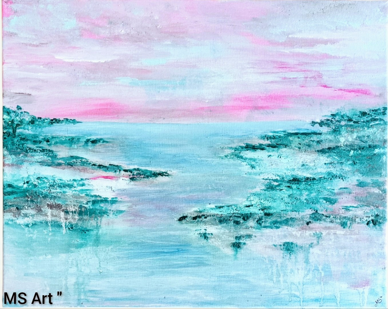 Розов залез над езерото \" Абстрактна картина - Handmasters.bg